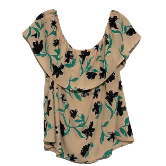 c&e Off Shoulder Top with Ruffle Tan Background Black Green Print Size XL - Picture 2 of 8